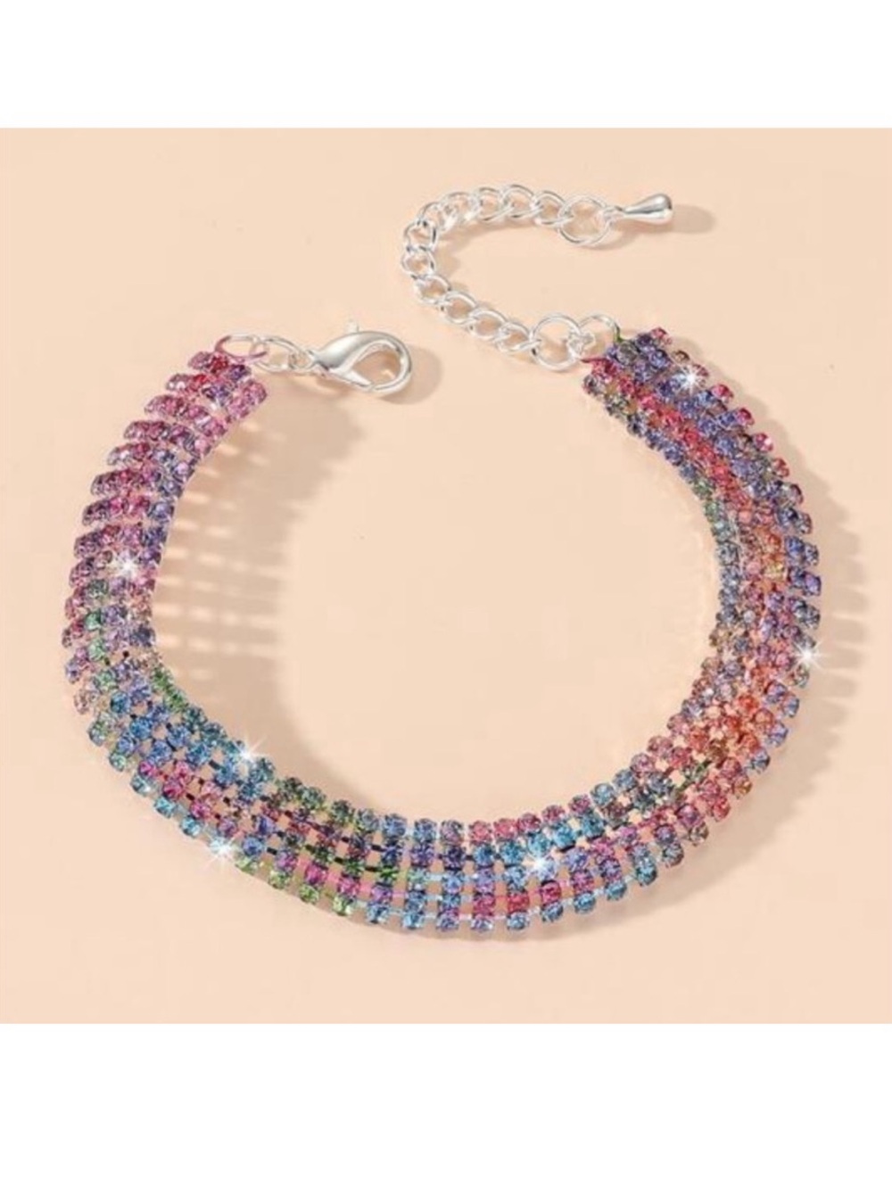 Purple/pink/blue/green crystal rhinestone bracelet with extender